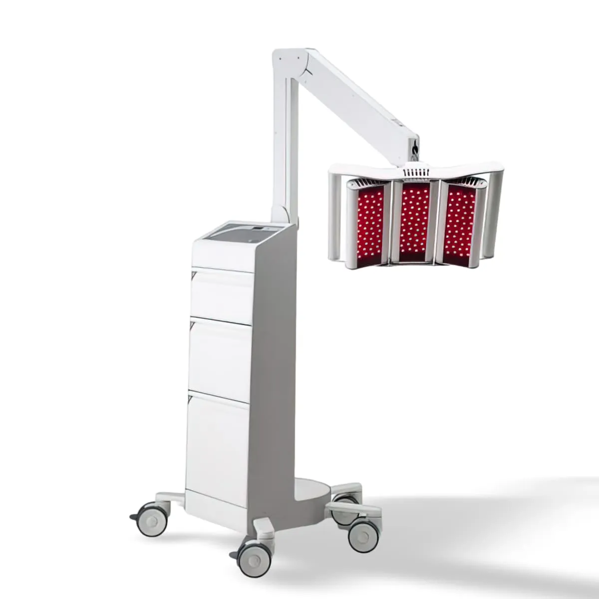 The PowerMedic GigaLaser on its mobile stand, three-panel head glowing red